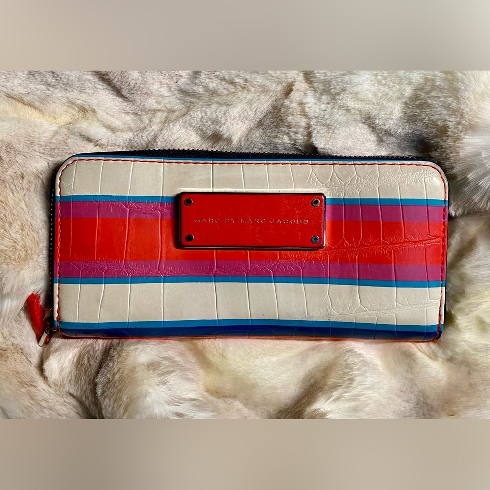 Marc by Marc Jacobs Striped Croc-Embossed Zip Clutch in Red, Pink, Blue, White